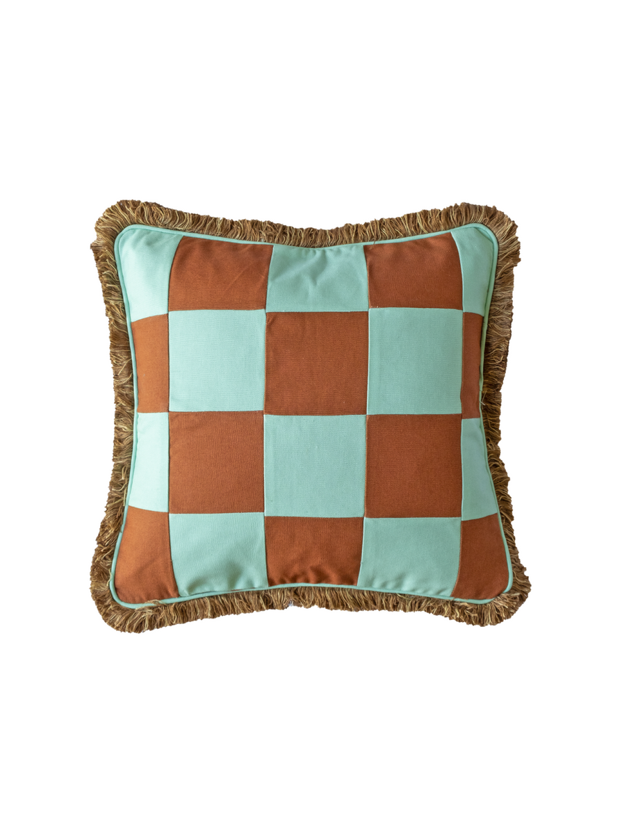 Bright Mint & Brown Patchwork Cushion
